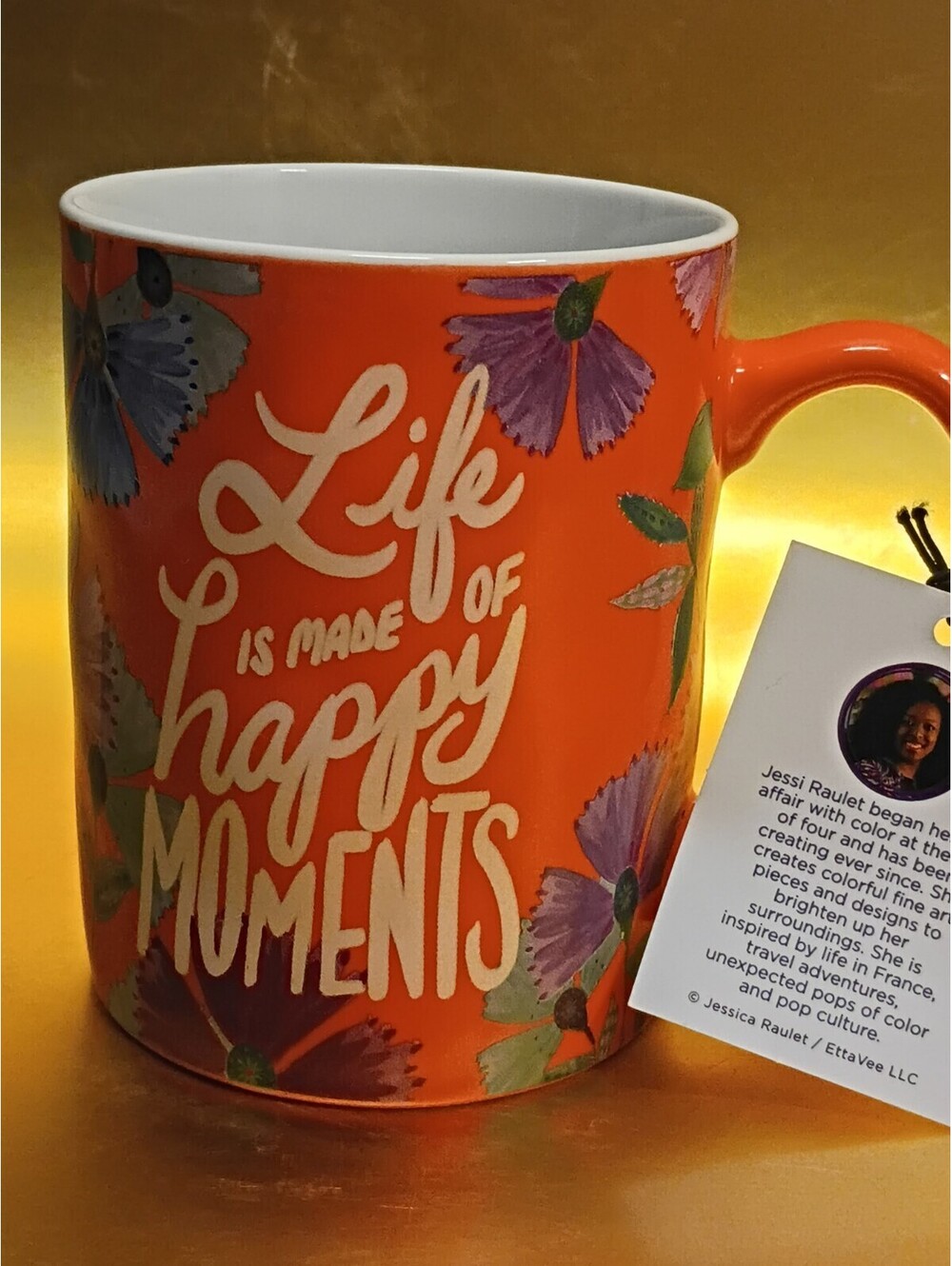 Mug Cup Jessi Raulet "Life Is Made Of Happy Moments"Coffee Tea Flowers Purple